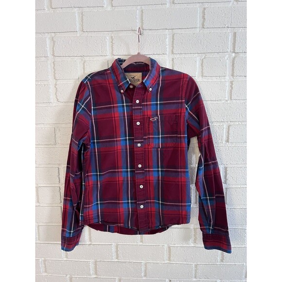 Hollister Button Down Shirt Long Sleeve Mens Medium Red Plaid Fast Ship - Picture 1 of 6